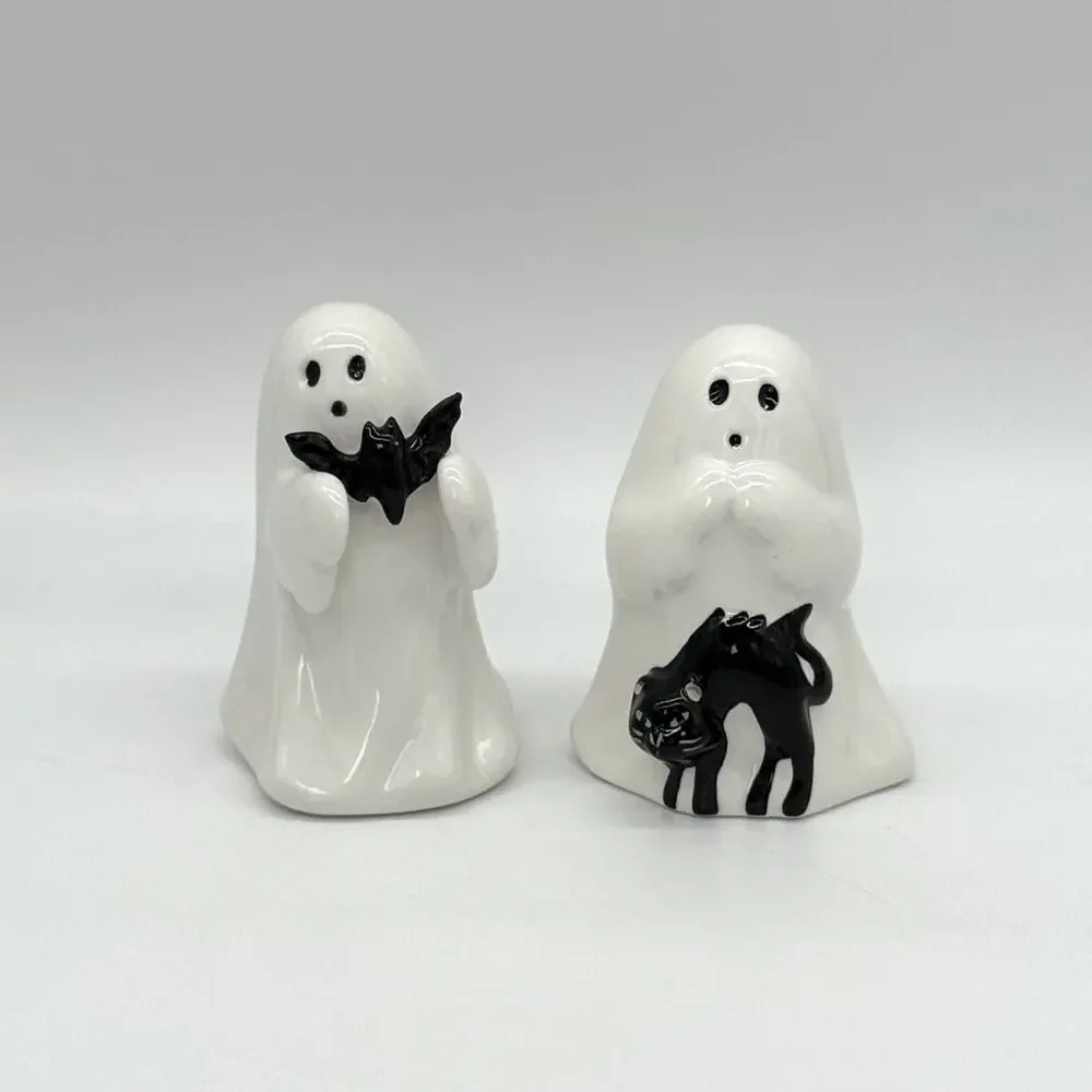 Set of 2 Target Hyde & Eek Ceramic Ghost w/ Bat & Cat Halloween Figurines NEW